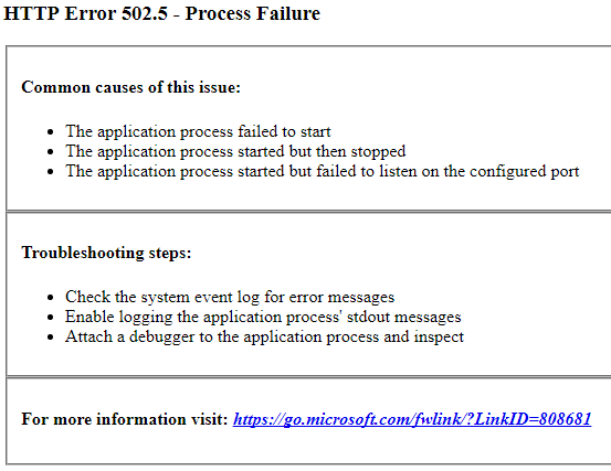 Screenshot of HTTP 502.5 error